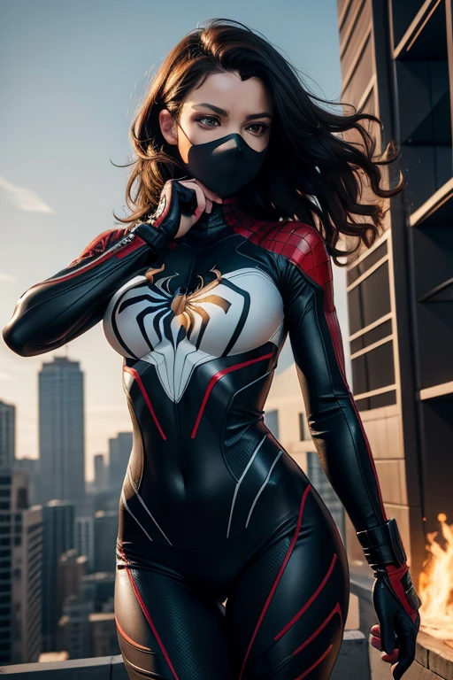 girl with curly brown hair and hazel eyes, wearing a white and black bikini with a spider logo on the chest. She has a pair of web shooters on her wrists and a mask that covers her eyes. She is jumping from a building with a determined look and a web in her hand. She is Spider-Woman., CGI with clear focus, Photorealistic, high detail, Realistic, Masterpiece, absurdress, Best Quality, HDR, hiquality, hight resolution, Extremely detailed, 8k wallpaper, intricate details, 8K UHD, Full-HD, (foto realista:1.2), Contrast, sharp lighting, Cinematic lighting, natural lighting, hard light, Backlighting, Global Illumination, Environment Occlusion