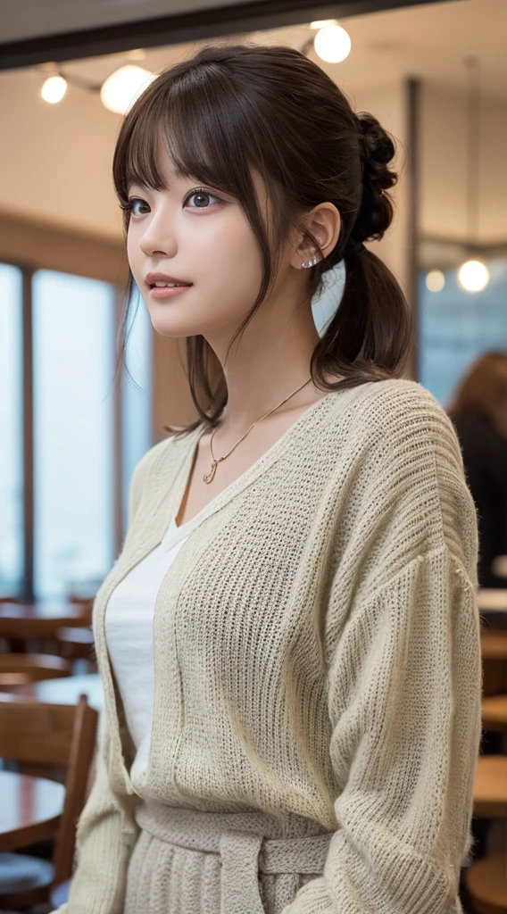 NFSW、masutepiece、masterpiece、1 girl in、(close up of face、cowboy shot)、Straight front view、japanes、very young cute woman、(The cutest girl in the world)、12year old、Smaller face、large full breasts、Autumn knit jacket、sheer inner、Chiffon skirt、Ultra-detailed costumes、Smiling in a café、Scrunchie、Thin necklace、Glamorous figure、hyper cute face、shiny lip、Double eyelids in both eyes、 natural make up、long eyeslashes、shiny smooth light brown hair、bangss、Short twin tail hair、asymmetrical bangs、image in center、8K resolution、high details、Detailed hairstyles、A detailed face、spectacular movie lighting、octane renderings、with a vibrant、Ultra-realistic、Perfect limbs、perfect anatomia、 nude:2