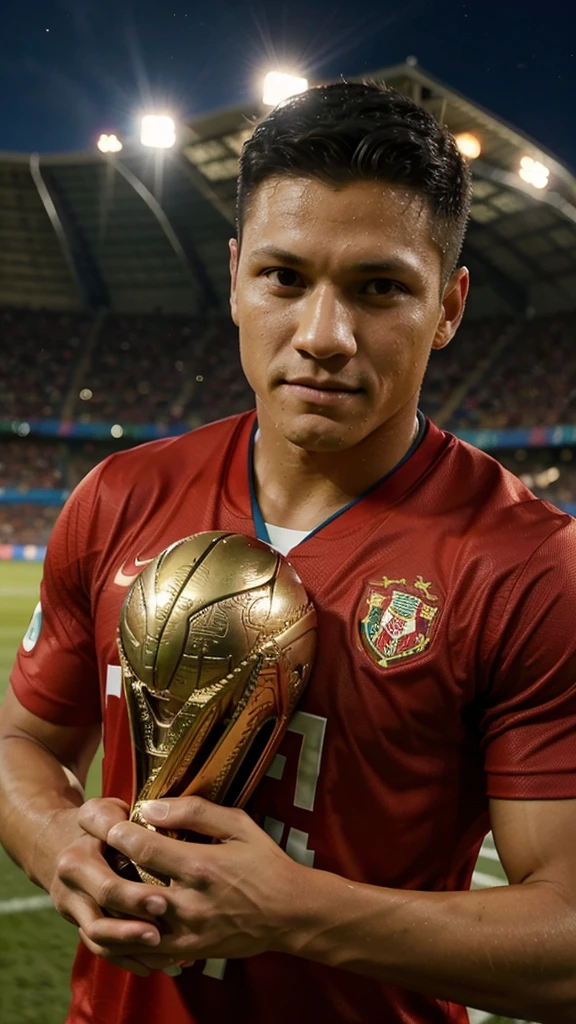 A famous soccer player Alexis Sánchez, holding the world cup trophy, Close-up portrait, detailed facial features, 1 person, outdoor stadium, spectacular lighting, cinematographic composition, vibrant colors,