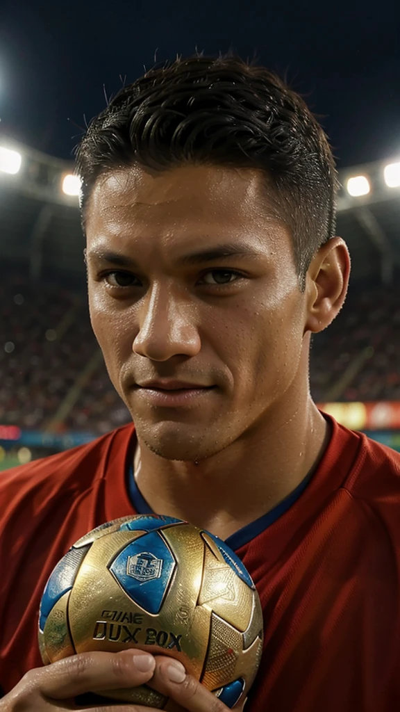 A famous soccer player Alexis Sánchez, holding the world cup trophy, Close-up portrait, detailed facial features, 1 person, outdoor stadium, spectacular lighting, cinematographic composition, vibrant colors,