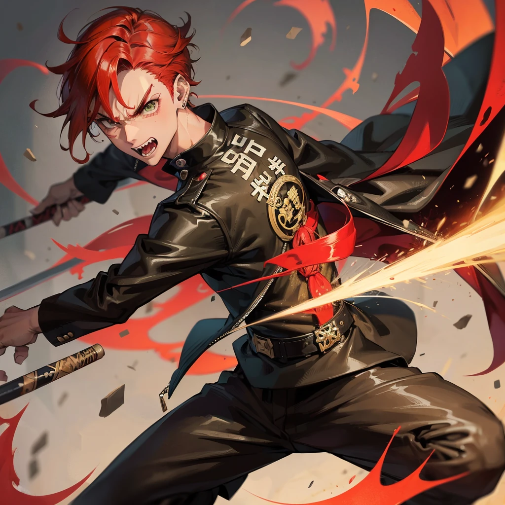 1 male, anime boy, delinquent, red hair, green eyes, dark tanned skin, piercings, pointy teeth, angry face, muscly, holding baseball bat, japanese school guy, gakuran jacket, school background,