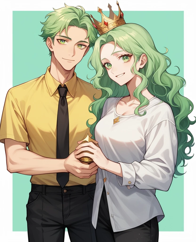Man with light green eyes, tousled light green hair. Dressed in a white shirt and black tie, black pants and a small golden crown on his head. Flirtatious smile. Holding the hand of a woman with white skin, fuchsia eyes, long wavy hair with an open fuchsia pink forehead and dressed in a yellow t-shirt and black pants, a small golden crown rests on her head. Nice poses, good quality, romantic background, lovers, couple,