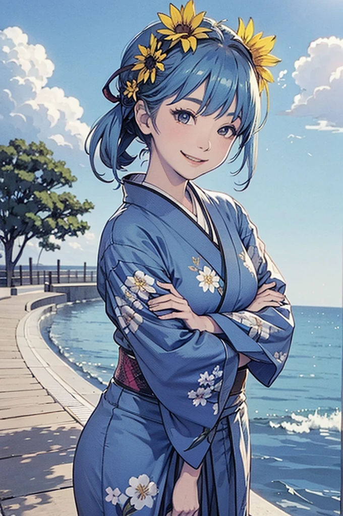 A beautiful smiling woman in a kimono greets people with a cheerful "Good morning" as her arms open under the blue sky