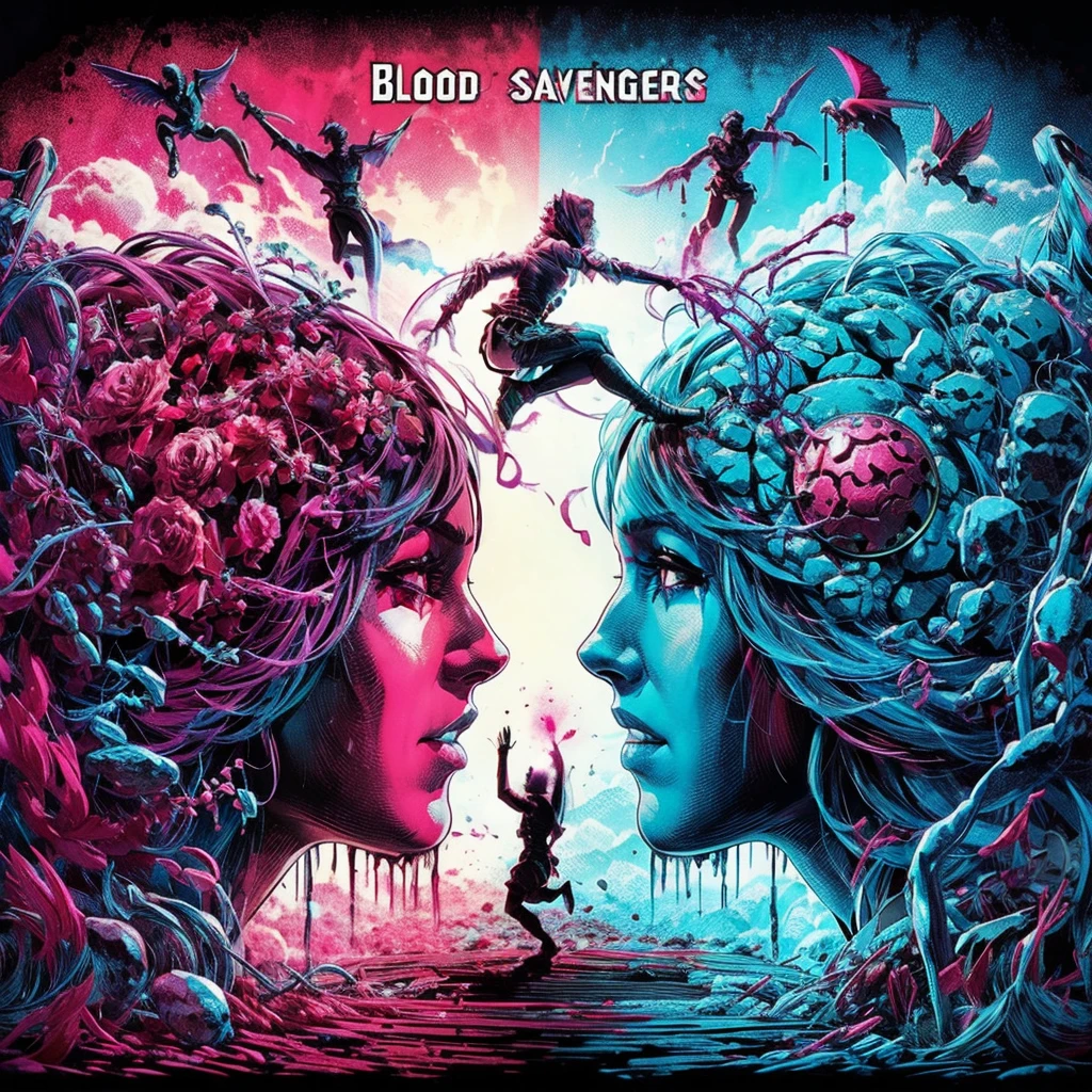 blood scavengers opposite world dream cyan magenta. A fight inside a broken mind. A splendid beautiful trans woman trying to emerge as the future in an astonishing panorama of end times.