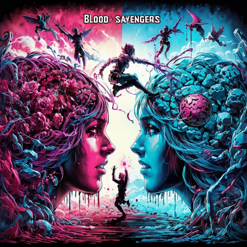 blood scavengers opposite world dream cyan magenta. A fight inside a broken mind. A splendid beautiful trans woman trying to emerge as the future in an astonishing panorama of end times.