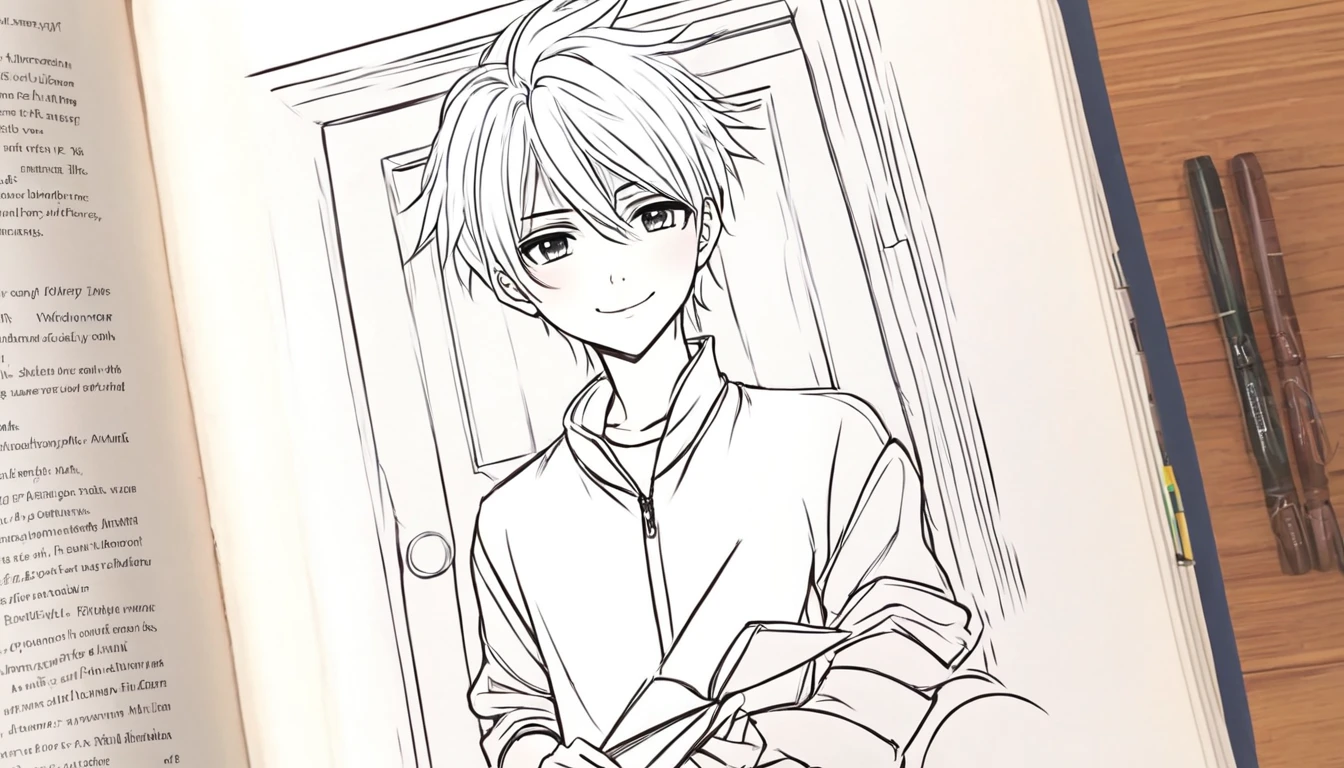 Young white hair stylist boy ayush(anime style) in hand book He drew door