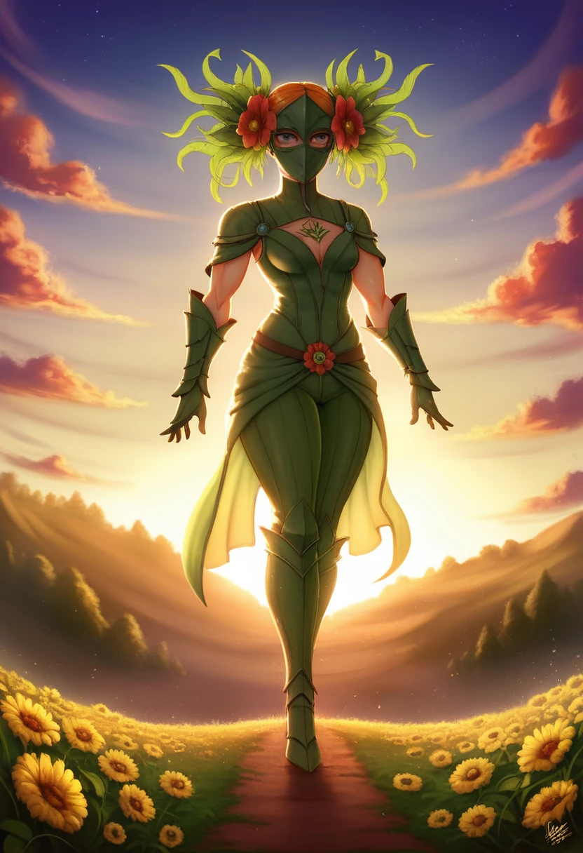 (best qualityer,4K,8K,high resolution,work of art:1.2),ultra-detailed,(best qualityer,realisitic:1.2), Adorable woman, beautiful shaman, wearing mask made of wood, poppy flower field, portraite, Standing in an s-shape, Green washers, sexy chest, 4K , great details and colours, SUNSET, Lancer, cheerfulness, Beauthfull, harmony, portraite, soft lighting, swirly vibrant colors, hdr, 8K, absurderes, Cinemastill 800, sharp focus, adicionar_detail:2, ultra HD | | | ((full body shot shot)) adicionar_detail:2 (1womanl, standing alone)