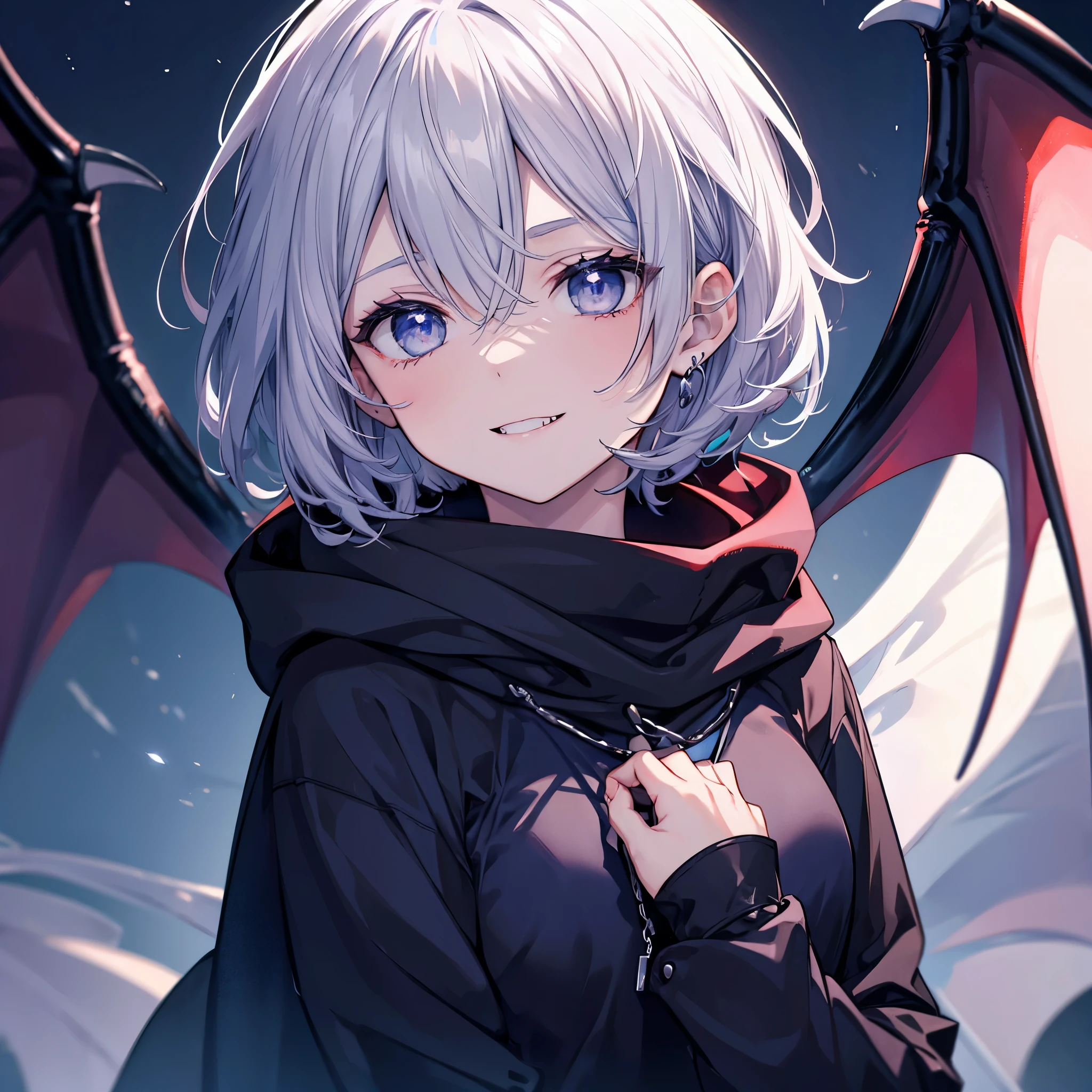 ((((vampire　inflammation))))　(((Gray Hair　short hair　blue eyes　woman　Center close-up)))，((night　full moon　My own big wings　Town))，(Wearing a hood　Show your fangs　Black camisole　Purple light　Wearing a cloak)，　Creepy Smile　Showing teeth　Shining Background　Shining Edges