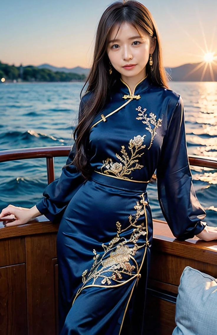 The sky turns red、Gorgeous gold embroidered cheongsam、hair ornaments、Tie your hair elegantly、gorgeous silk cheongsam、((Standing on a boat and posing sexy、With embroidered long skirt、A gorgeous and shiny navy-colored Chinese dress:1.4)).A luxurious and shiny silk cheongsam、A gorgeous navy blue cheongsam with embroidery、Woman standing on a boat、Light brown hair、Elegant hairstyle、Blue Eyed Woman、A woman with a cute upward gaze、When the sky gets dark、The gentle light of the ship shines、The sky turns red as the sun sets、Tight clothing that shows your body lines、、Elegant navy blue summer knit、Elegant black summer sweater、Short skirt、Dress elegantly着こなす、Luxury Bagedium Shorthair:1.4））、Skyscrapers seen across the sea、Manhattan 私sland is visible offshore、Woman on a sightseeing boat、、The sun shines on her、Light brown hair、Light brown hair、The sky was dyed red、There are clouds、private's cute、An elegantly dressed woman is sitting on a boat and watching the sunset、彼女のAmple breastsは服の上からでも明らかです.、輝く太陽はとてもbeautiful、Dusk is approaching、Lens flare、You can see the sunset、（（Sunlight reflecting off the ocean、Ocean View、The sun shines on the ocean、&#39;beautiful.、Small earrings、private&#39;evening、Birds are also flying、、Brown Hair Color、Tying up hair、The woman is on the right:1.4））、Luxury Leather Belts、Shiny clothes、Light beige hair color、Background Blur、Braid only the front hair、Light brown hair、｛｛Cowgirl Shot｝｝、（（Close-up shot from the waist up、Ample breasts:1.4））、にっこりsmile、Silk clothing、服からでも分かるAmple breasts、Braid only the front hair、Cowboy Shot、Gorgeous white collared silk shirt and brown skirt、Dress elegantly、Luxury Bags、素敵なsmile、（（Ample breasts））、Full body photo、ring、Short skirt、Tuck your hair behind one ear、Silver Necklace、smile、 Elegant ponytail、Caustics、Highly detailed photos、Very beautiful and ideal short hair、Super no makeup、(8K、RAW Photos、Highest quality、masterpiece:1.2)、(Realistic、Realistic)、1 Girl、((Medium Short Hair、Looking into the camera:1.4))、Hair blowing in the wind
