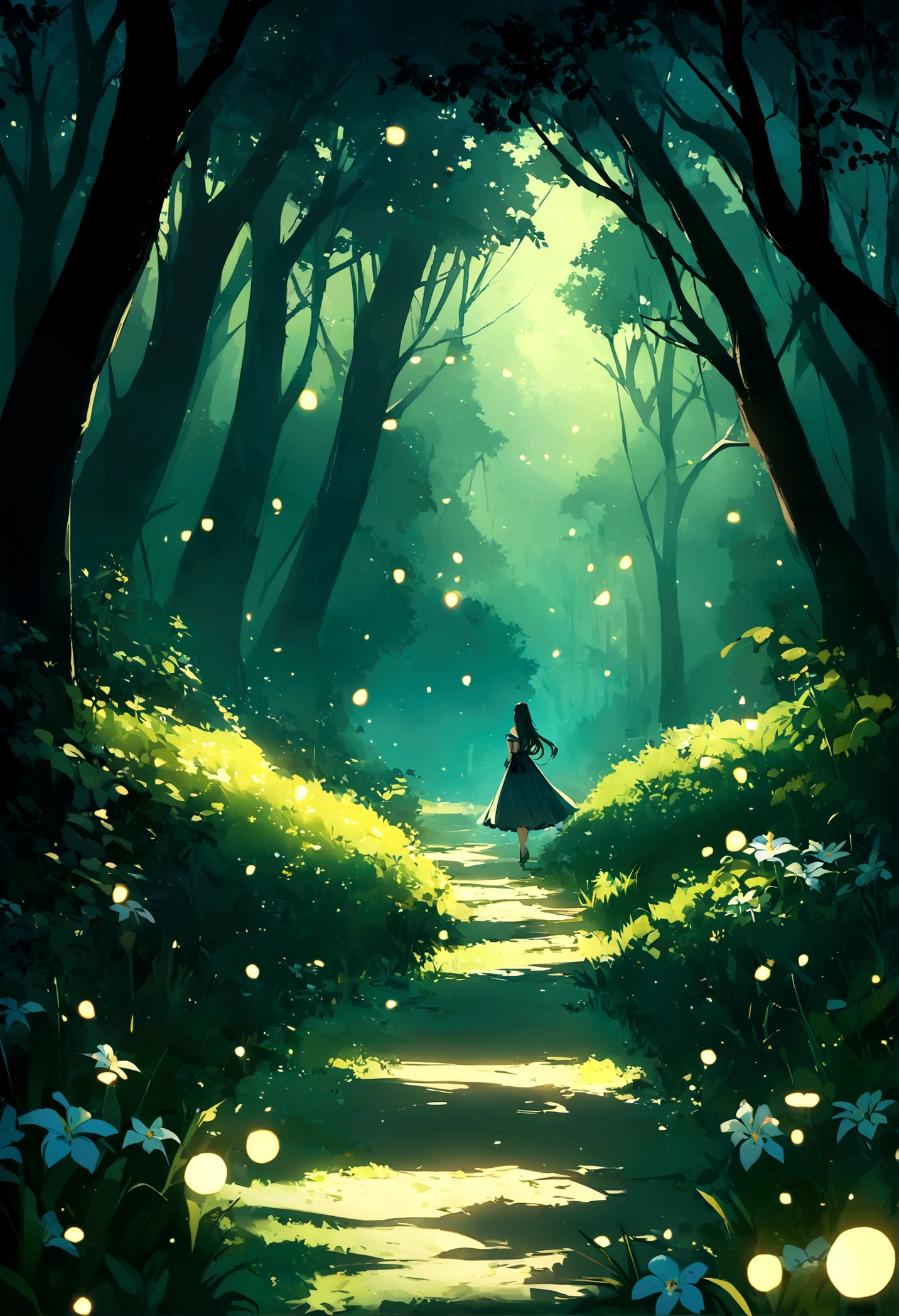 Wild paths with fireflies, azure moonlit nights, a quiet scene with no people, the best image quality.