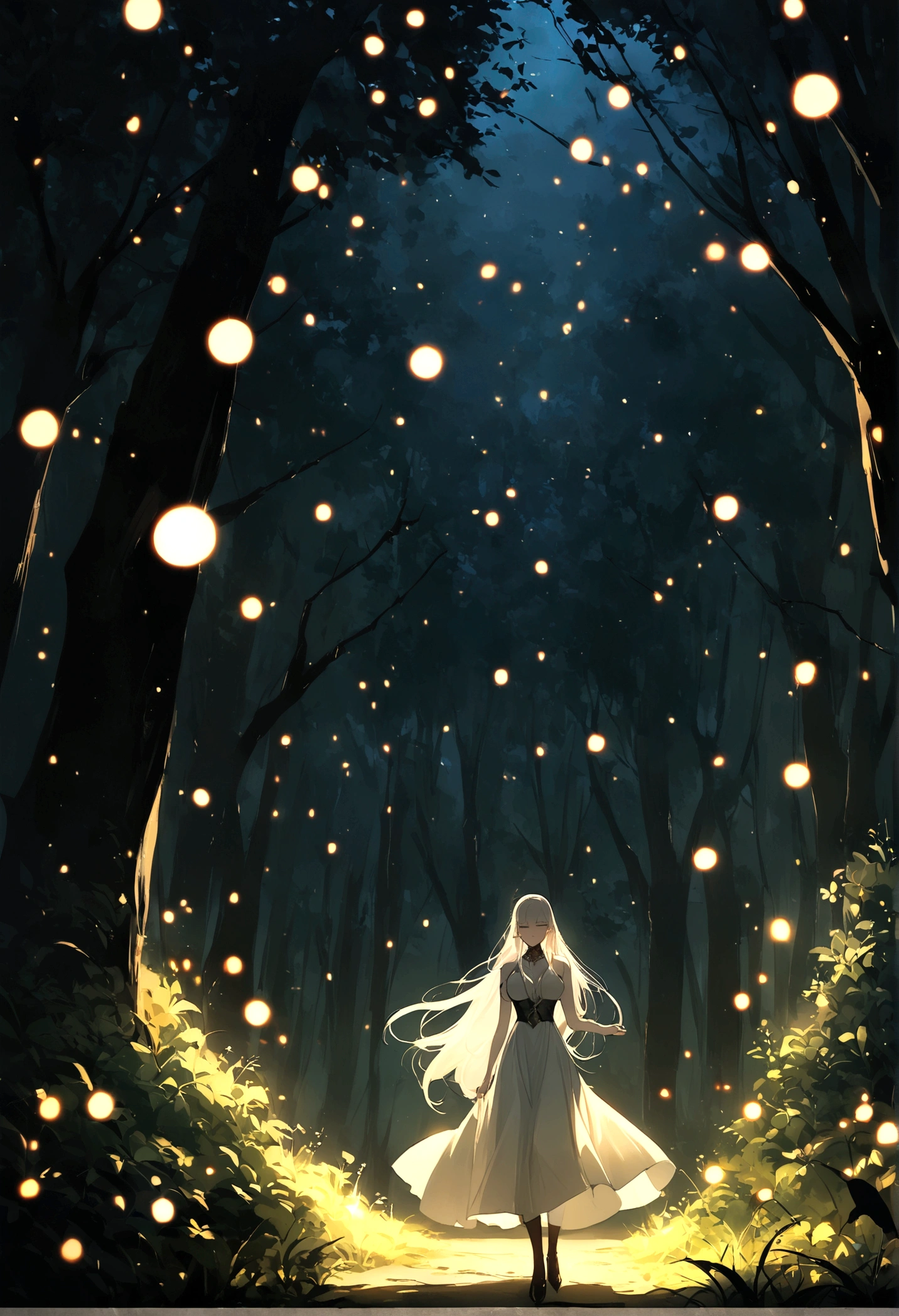 Wild paths with fireflies, azure moonlit nights, a quiet scene with no people, the best image quality.