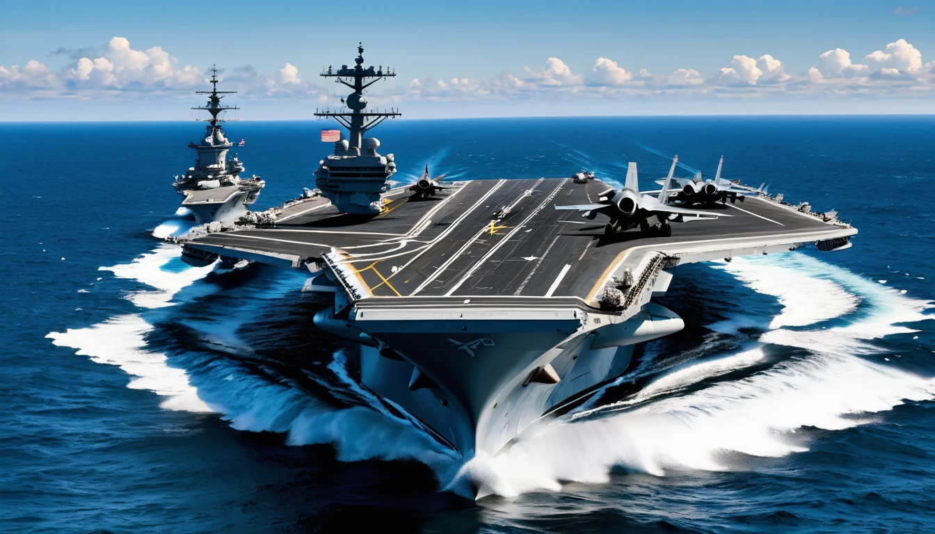 A realistic depiction of an aircraft carrier cruising in the open sea, with various fighter jets arranged on its flight deck. The water is blue and slightly choppy, and the sky is clear. High-resolution details, natural lighting, background focus.