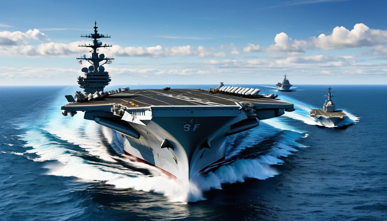 A realistic depiction of an aircraft carrier cruising in the open sea, with various fighter jets arranged on its flight deck. The water is blue and slightly choppy, and the sky is clear. High-resolution details, natural lighting, background focus.
