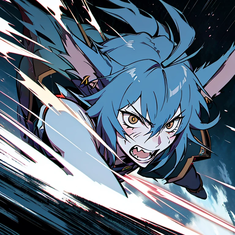 action shot of breathtaking 1girl, solo, wolfie, hells, facial mark, black eyes, wolf claws, white sights, fangs, dake blue skin, award-winning, professional, highly detailed. Movement, energy, dynamic, intense, lightning, best quality 