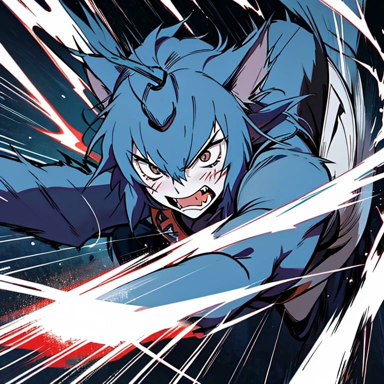 action shot of breathtaking 1girl, solo, wolfie, hells, facial mark, black eyes, wolf claws, white sights, fangs, dake blue skin, award-winning, professional, highly detailed. Movement, energy, dynamic, intense, lightning, best quality