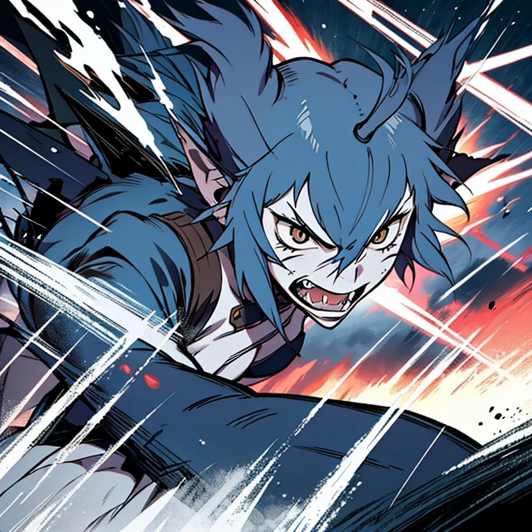 action shot of breathtaking 1girl, solo, wolfie, hells, facial mark, black eyes, wolf claws, white sights, fangs, dake blue skin, award-winning, professional, highly detailed. Movement, energy, dynamic, intense, lightning, best quality