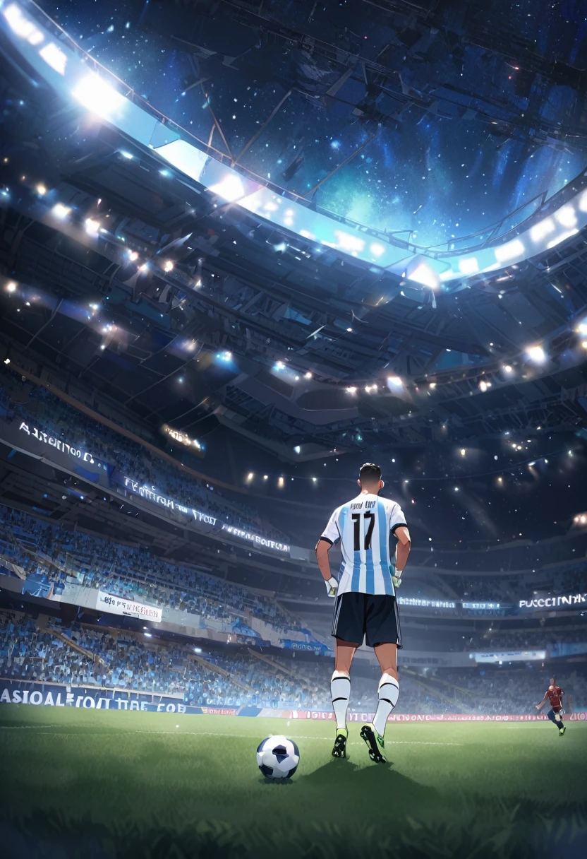 Stadium interior at night with lighting, Cristiano Ronaldo posing alone with the Argentina shirt, Below Cristiano Ronaldo are the letters "Passion for live football".