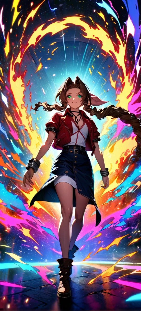 Symetrical,detailed front view,absurdres, highres, ultra detailed, HDR, masterpiece, extremely detailed face and eyes, aerith gainsborough ,final fantasy 7, , , solo, women , beautiful, ,, , beautiful fight scene,colorful flowers effect, colorful lightning effect,glowing glitters, ,colorful flames effect, colorful aura effect, colorful splashing, surrounded by colorful flowers energy