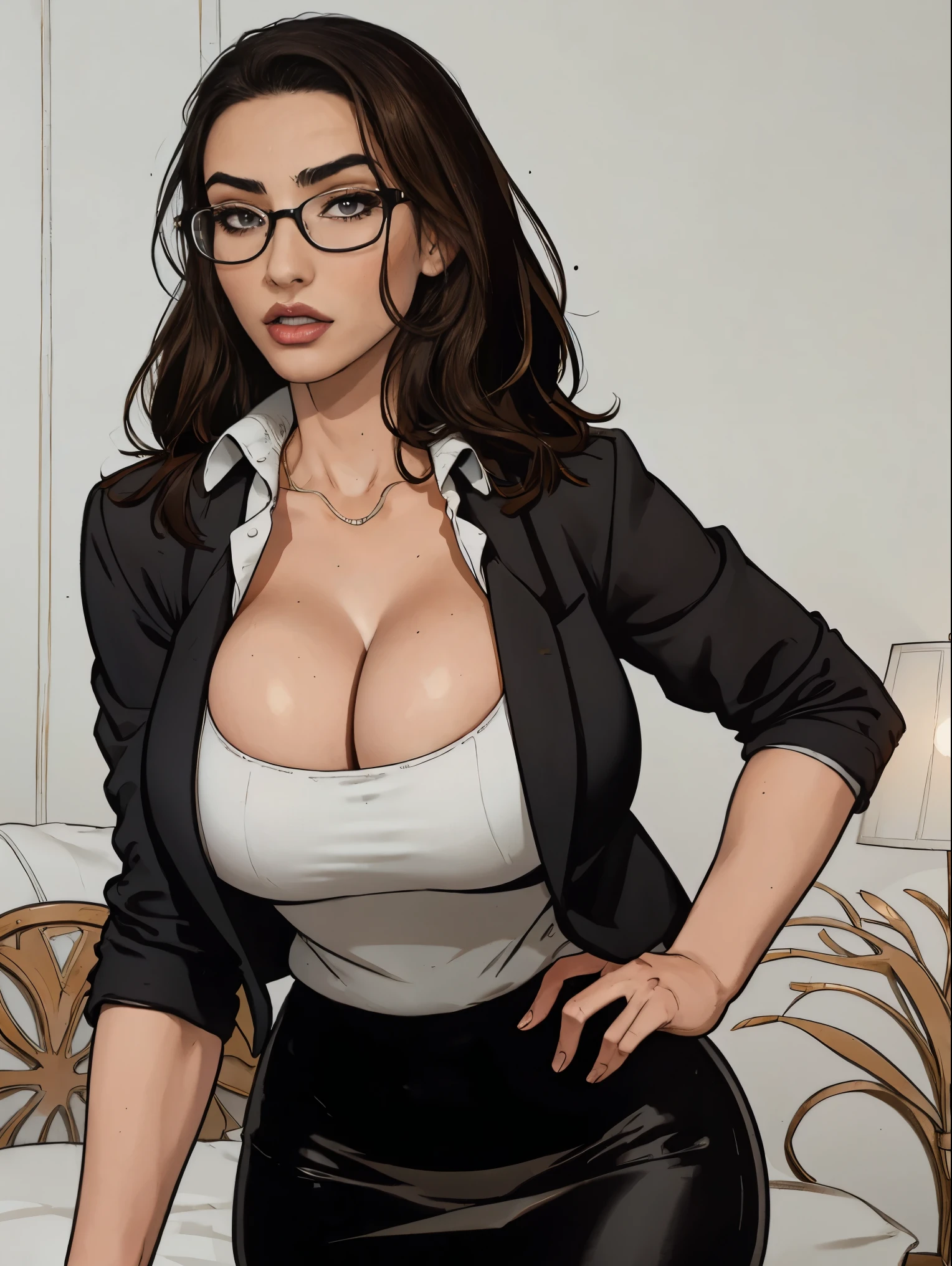 Gorgeous and sultry busty athletic (thin) brunette with sharp facial features and a (large nose) and (huge boobs) wearing a black blazer, white blouse and black pencil skirt, glasses.  Cleavage