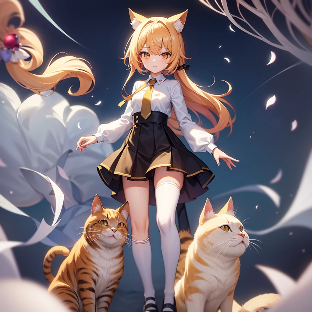((White knee-high socks)),(Yellow cat ears),(Cat's Tail),Cute little ,Tiny ,Small girl,,Childish face, Very fine clean face,Top quality, Big eyes,Straight Hair,Yellow hair,Crimson Eye,(Dark Room), Subtle light, Natural light,Soft lighting,Light from directly behind, (Are standing), Cute pose, (Open your hands), Showing the whole body,Front view,Black background