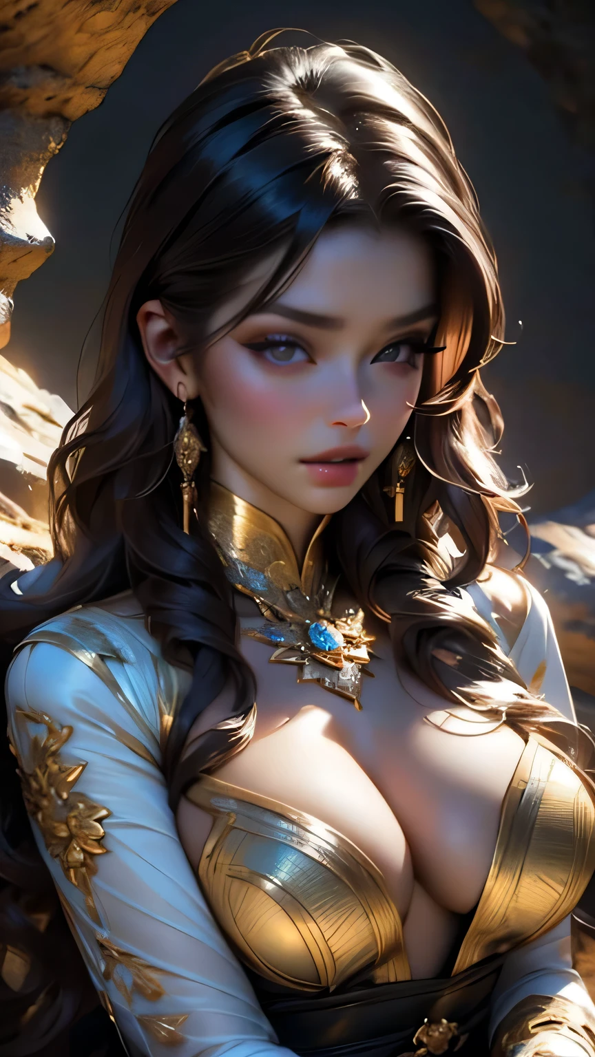 (There was a woman sitting down)､30-year-old woman､ Unparalleled beauty、(Spread your legs)､masterpiece, 最high quality, high quality, High resolution, Highly refined muscles、(Very detailed、Detailed skin texture、Intricate details、Depth of written border、Bright lighting、（Illumination from below）、Beautiful Face、(Realistic Face)、Realistic eyes、美しいFine grain、Realistic Skin、Beautiful Skin、Ultra-realistic、Very detailed、Golden Ratio、The most beautiful images in the world, Location was great.、(Cinema Lighting)、Detail emphasis, Beautiful lighting、Sharp focus、(Various poses)、超Detailed face、Fine grain、Increased hair growth、Brown Hair、Long Hair、Beautiful hairstyle、Detailed face、Cleavage、(Big Breasts)、((Upper body portrait))、Incredibly stupid, It seems ridiculous.,(In a dark cave)