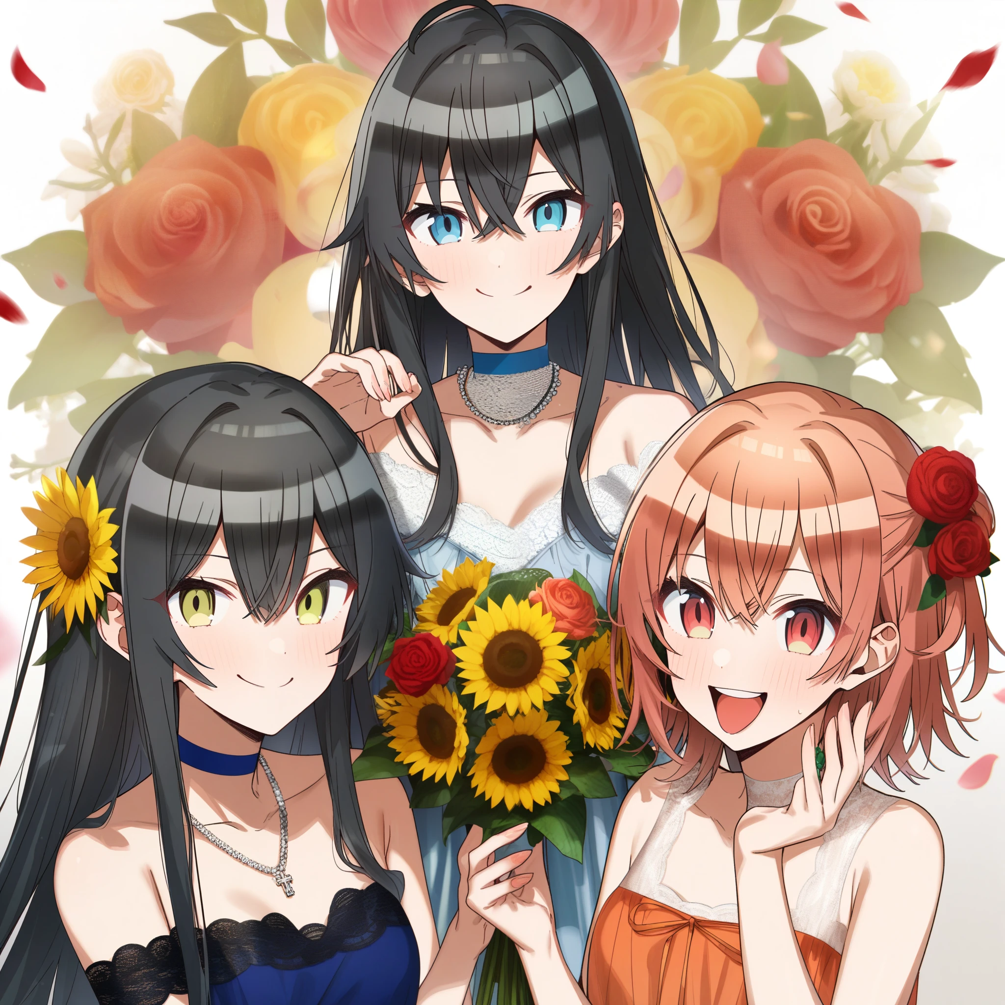 3girls, erere, absurdres, official art, absurdres, yahari ore no seishun lovecome wa machigatteiru., isshiki iroha, yuigahama yui, yukinoshita yukino, :d, :p, ahoge, anniversary, bead necklace, beads, black hair, blue choker, blue dress, blue eyes, bouquet, breasts, brown hair, cel shading, choker, cleavage, closed mouth, cropped shirt, cross-laced clothes, cross-laced dress, dress, eyelashes, falling petals, fingernails, flower, flower-trimmed dress, golden rose, hair between eyes, hair flower, hair ornament, hand on own shoulder, hand up, holding, holding bouquet, index finger raised, jewelry, lace, lace choker, layered dress, long bangs, long hair, looking at viewer, medium hair, multiple girls, necklace, off-shoulder dress, off shoulder, ok sign, open mouth, orange dress, petals, pink dress, pink hair, red eyes, red flower, red rose, rose, see-through dress layer, sideways glance, smile, straight-on, straight hair, sunflower, swept bangs, teeth, tongue, tongue out, upper teeth only, white background, white dress, white flower, yellow eyes, ((very aesthetic, best quality, ultra detailed)), rating:safe
