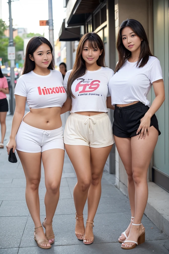 nsfw,(tanned skin:1.3), japanese cheerful 3girls,sport short pants,white long t-shirt,mascular and curvy thighs,(adult curvy body),legs focus,sandals,chating each other