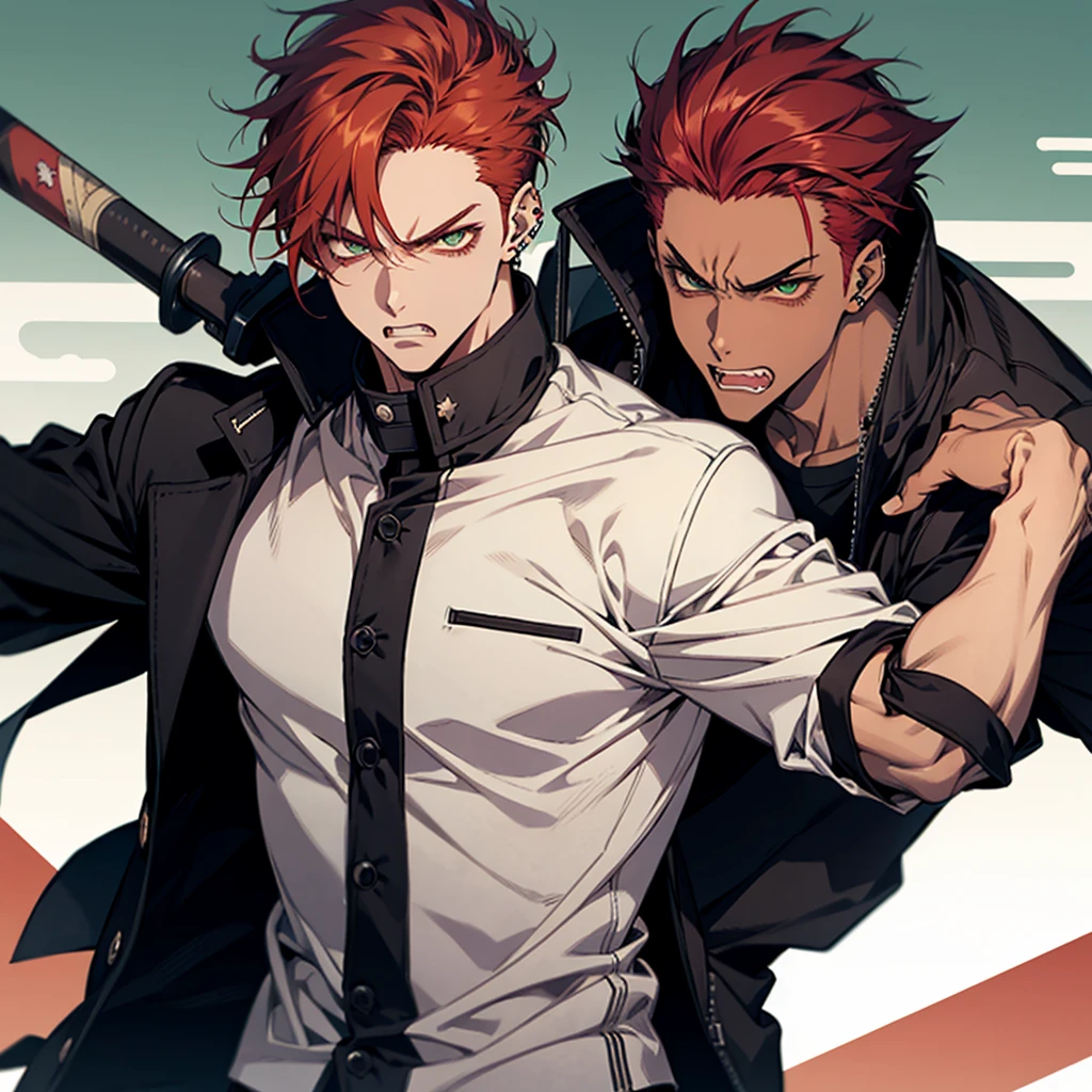 1 male, anime boy, delinquent, red hair, green eyes, dark tanned skin, piercings, pointy teeth, angry face, muscly, holding baseball bat, japanese school guy, gakuran jacket, school background,