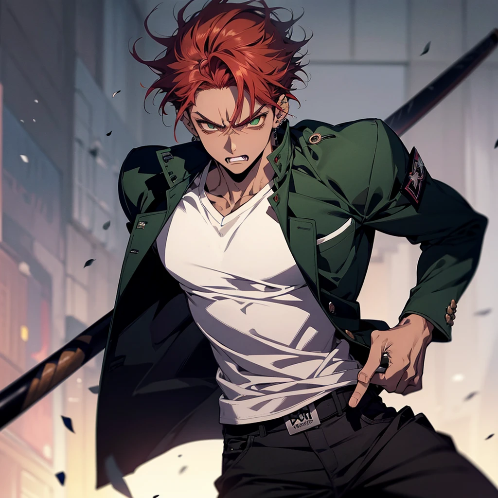 1 male, anime boy, delinquent, red hair, green eyes, dark tanned skin, piercings, pointy teeth, angry face, muscly, holding baseball bat, japanese school guy, gakuran jacket, school background,