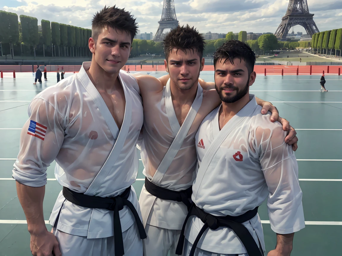 2men standing side-by-side, wrestlers, European, patting each other's shoulder, wearing detailed transparent karate gi, wearing detailed wet karate gi, wearing detailed see-through karate gi, outdoor Olympic arena in front of Eiffel Tower, black hair, short hair, spiky hair, fight scene, sad faces, ((facing camera)), noon, black belt, justin trudeau