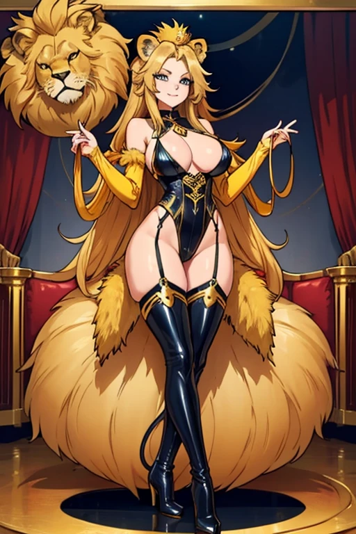 female, golden yellow long hair, blue eyes, (((1girl))), (((sexy lion costume))), (black heeled boots), (golden yellow stockings), cute and sexy, full body, large breasts, long legs, smiling