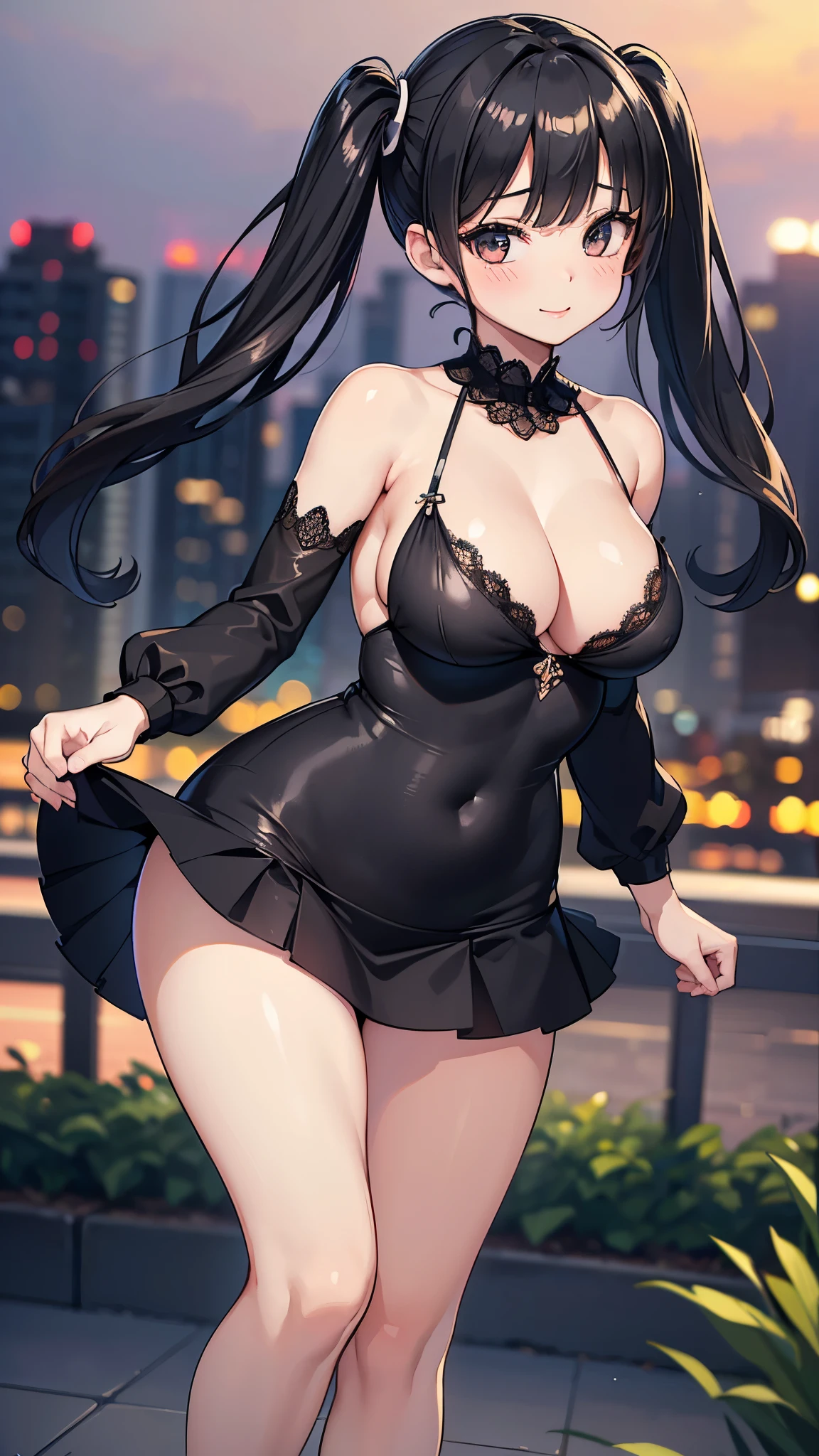 (masterpiece:1.3, Highest quality, Ultra-high resolution, Very detailed), (Realistic:1.1, photoRealistic:1.4), Beautiful illustrations, Perfect lighting,Written boundary depth, Beautiful detailsまでこだわった髪, Beautifully detailed face, Beautiful details, Beautiful clavicle, Beautiful body, Beautiful and juicy breasts, Beautiful thighs, Beautiful feet, View your viewers, 1 Girl,Perfect Face, (Perfect Anatomy, Anatomically correct), Cute and symmetrical face、Baby Face、((Shiny Hair)),(Beautiful views),(Outdoor, Blurred night cityscape),(かわいいsmile, smile)、Sexy Body、(masterpiece),(Highest quality:1.3),8K,Very clear,(Ultra-realistic), One Girl,Wide Shot,((Large Breasts)),Wide Hips,Beautiful feet, Captivating woman、(masterpiece、Highest quality、Very detailedな)、((1 Girl))、((Black hair twin tails))、black eye、((とてもLarge Breasts))、Cleavage、((((tight mini skirt dress))))、((Beautiful body lines))、((Sexy))、(((Adult Dresses)))、Cowboy Shot、