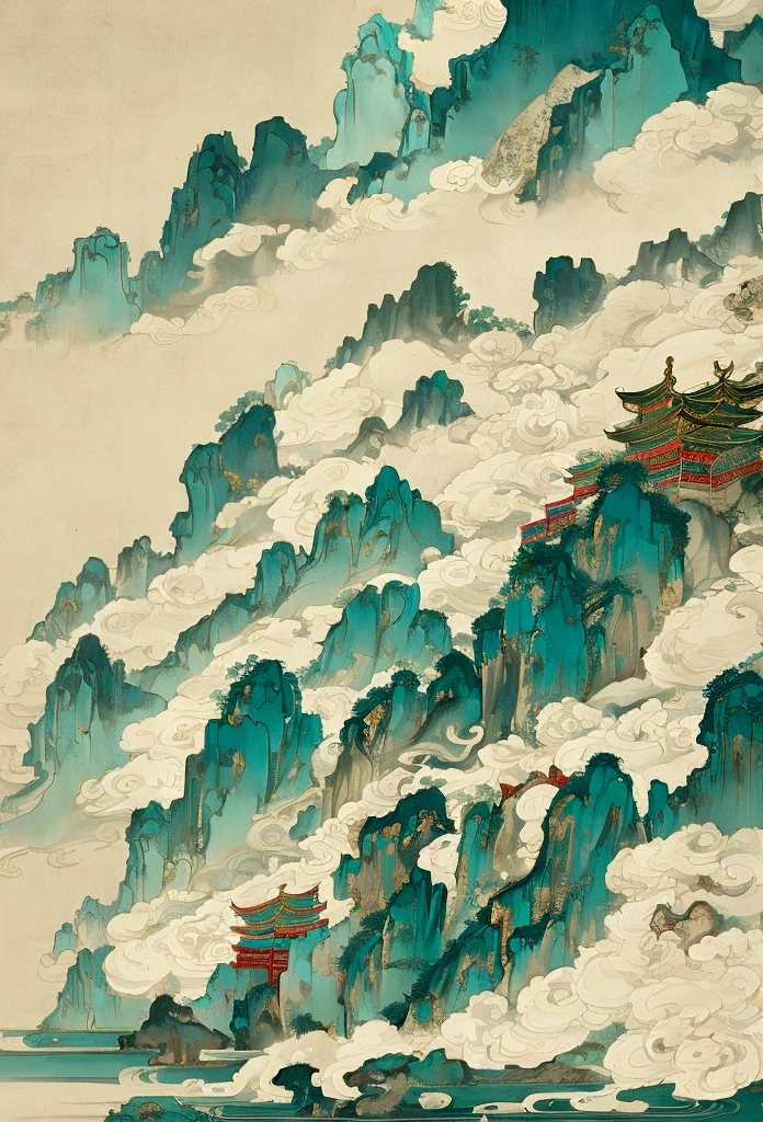 Song Dynasty Mural , Heian Period, Zen, Cyan Light Beige style, Chinese eaves, Wild goose, Historical painting, ultra-fine Details, Meticulous Style, New Chinese Style, landscape painting, Symmetrical composition