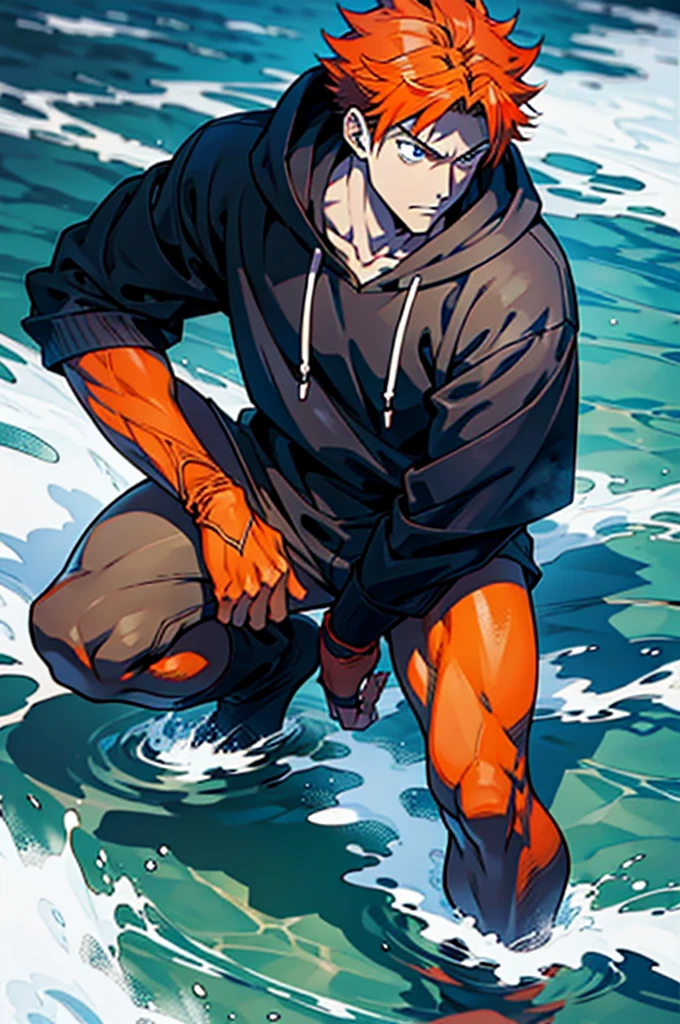 (Best Quality:0.8), (Best Quality:0.8), perfect anime illustration, anime boy in completely black hoodie with orange hair and blue eyes in the water, kentaro miura manga art style, orange hair anime boy, KenTaro Miura art style, handsome boy in Demon Slayer art, kentaro miura manga style, KenTaro Miura art, kentaro miura style, tall anime boy with blue eyes, Archie Andrews