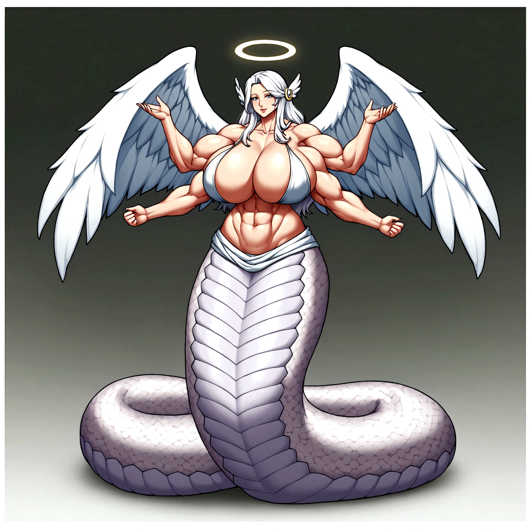 Lamia, long white hair, halo, big angel wings, gigantic muscle, penis breastfull body.