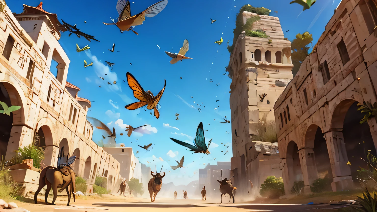 Hundreds of grasshoppers and locusts flying in ancient Israel from the 1st century BC