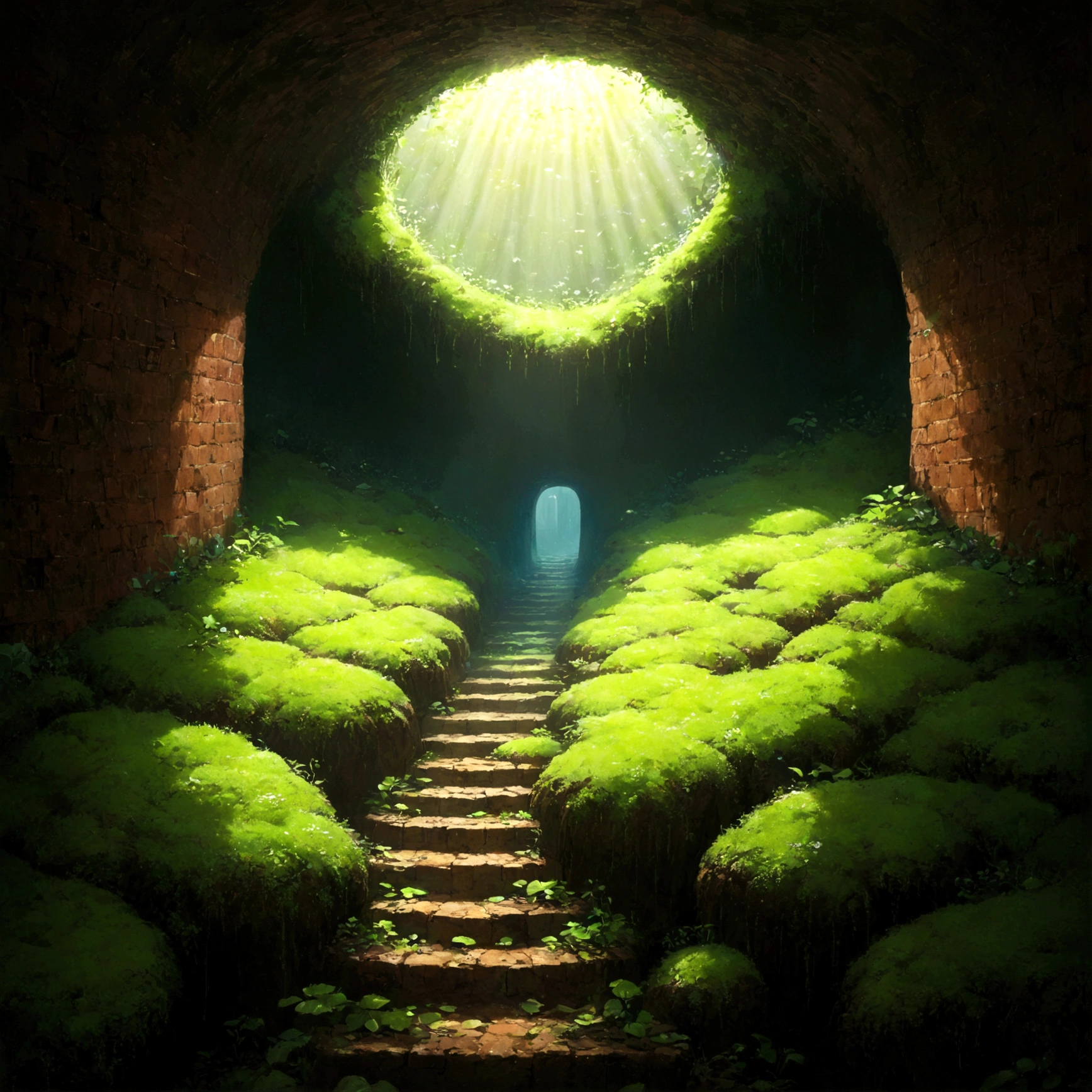 A cool breeze drifts through the air.、薄暗いUnderground。On the brick wall、Moss grows、Place々にMysteriousancient writingが刻まれている。From the ceiling、The roots of a creepy plant are drooping、The surroundings are enveloped in silence.。In the ground、ところどころにSoil pipesが配置され、One of them is、他のSoil pipesとは異なる、A faintly glowing pattern is drawn on it.。If you look closer、そのSoil pipesの奥には、hidden passageらしき入り口が… 美しいゲームの世界, Fantasy, Mario, Underground, Soil pipes, hidden passage, Mysterious, mysterious, ancient writing