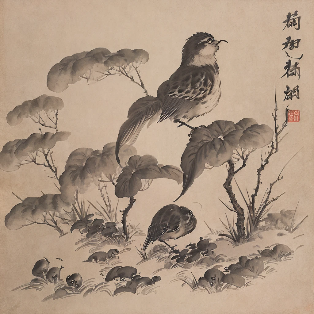 Ink Painting、animal、forest、Edo、dawn、Chinese character