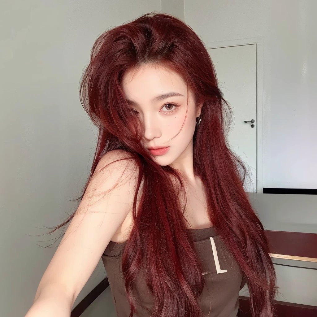 Red long curly hair,Middle-parted long curly hair with bangs,The background wall is simple and clean,Natural and beautiful hair,uniform hair color