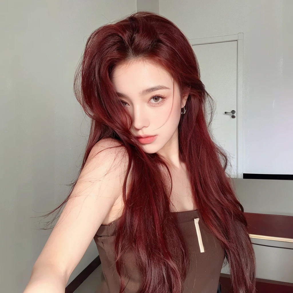 Red long curly hair,Middle-parted long curly hair with bangs,The background wall is simple and clean,Natural and beautiful hair,uniform hair color