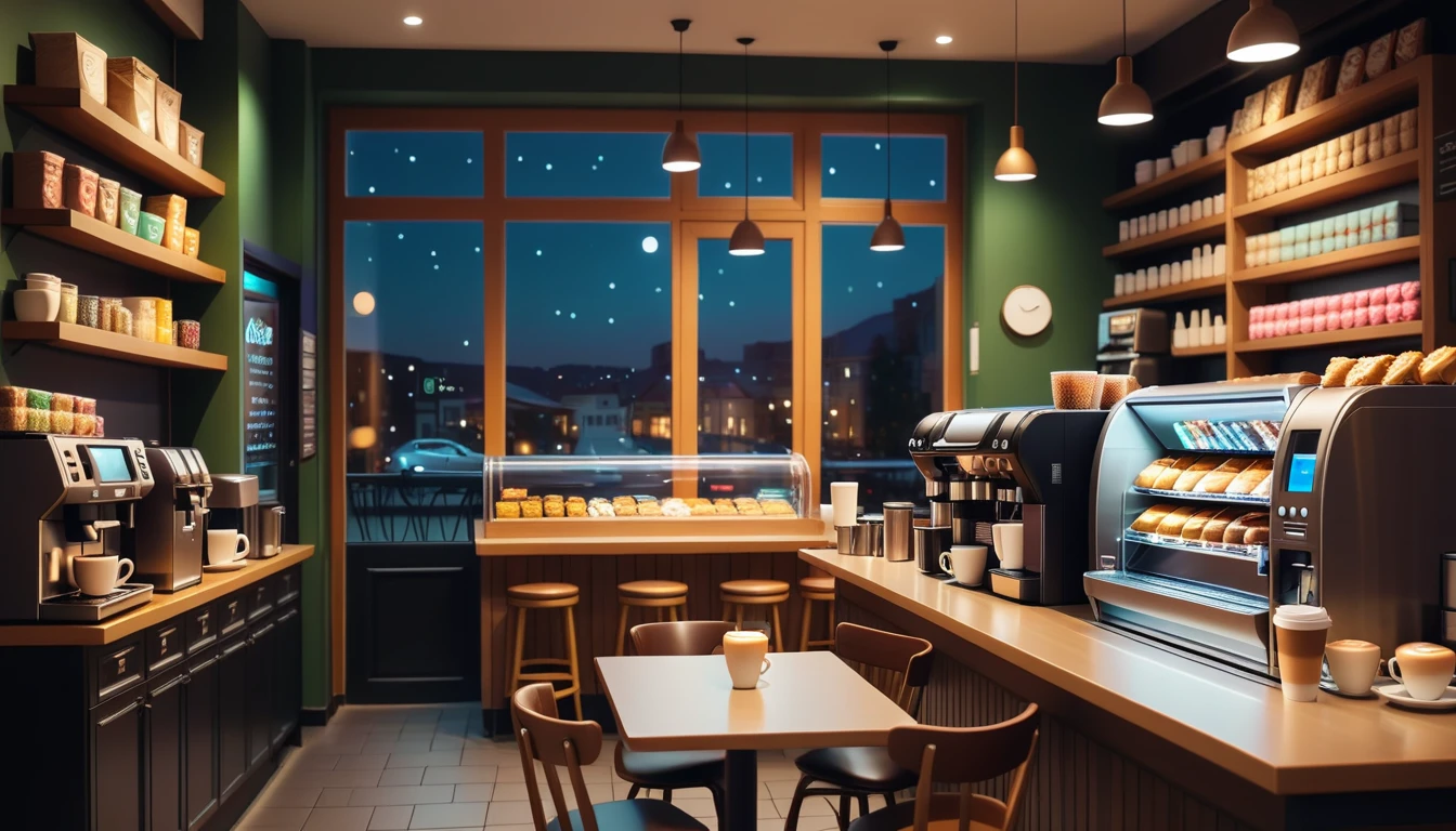 a cozy night time at a coffe interior with cozy lighting and sweets in the shelves. There are coffee cups in the tables. a cash machine and a coffee maker machine in the counter,There is a big window in the middle of the coffeeshop and the outside view is the city at night
