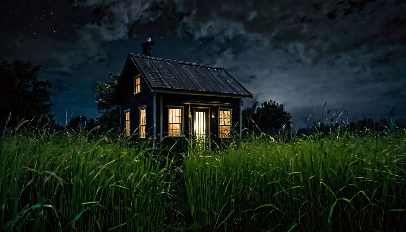 small house, surrounded by tall grass, dark night, dark, ominous environment