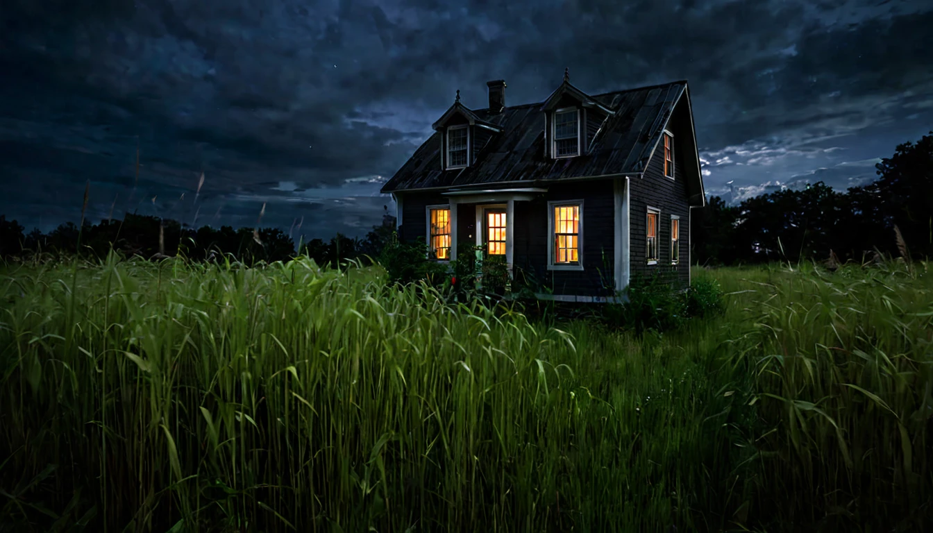 small house, surrounded by tall grass, dark night, dark, ominous environment