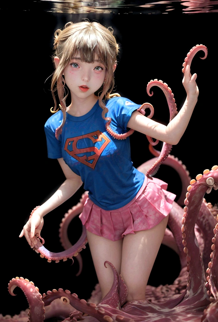 arafed girl in a torn supergirl (12-year old) shirt under water with octopus tentacles, covered with tentacles, tentacles around, beautiful octopus girl, some tentacles are touching her, many tentacles, super nova octopus, in a underwater horror scene, underwater photography, tentacles, octopus tentacles, squid attack, tentacle