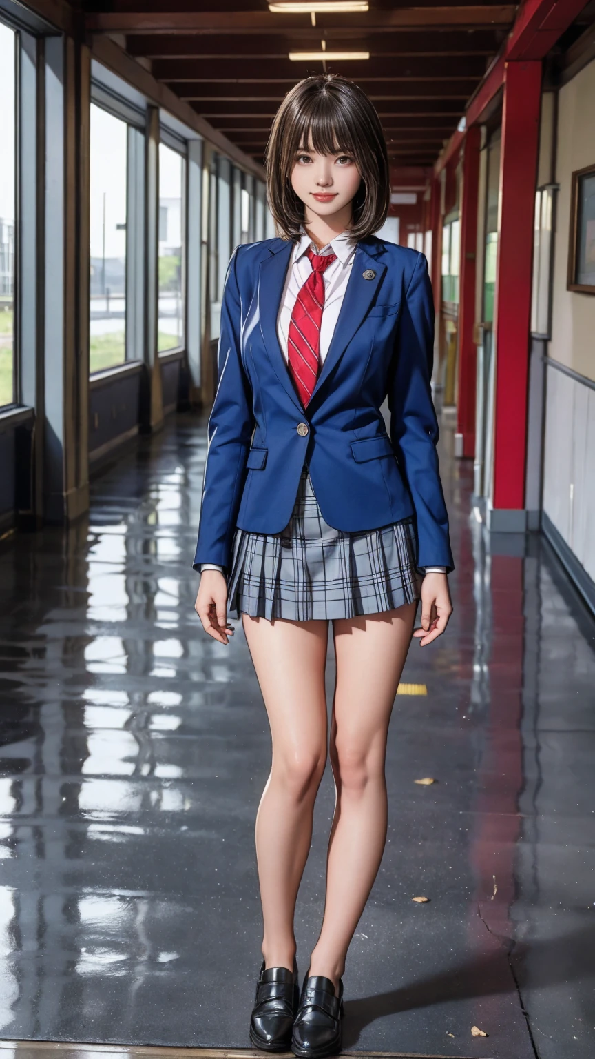 ((masterpiece)),(((Highest quality))),Thin thighs,Long legs,Girl standing in school corridor,Red Tie Uniform,Dark Blue Blazer,Blue plaid skirt,18-year-old,bangs,A small smile,Random Pause,pretty girl,Slender girl,