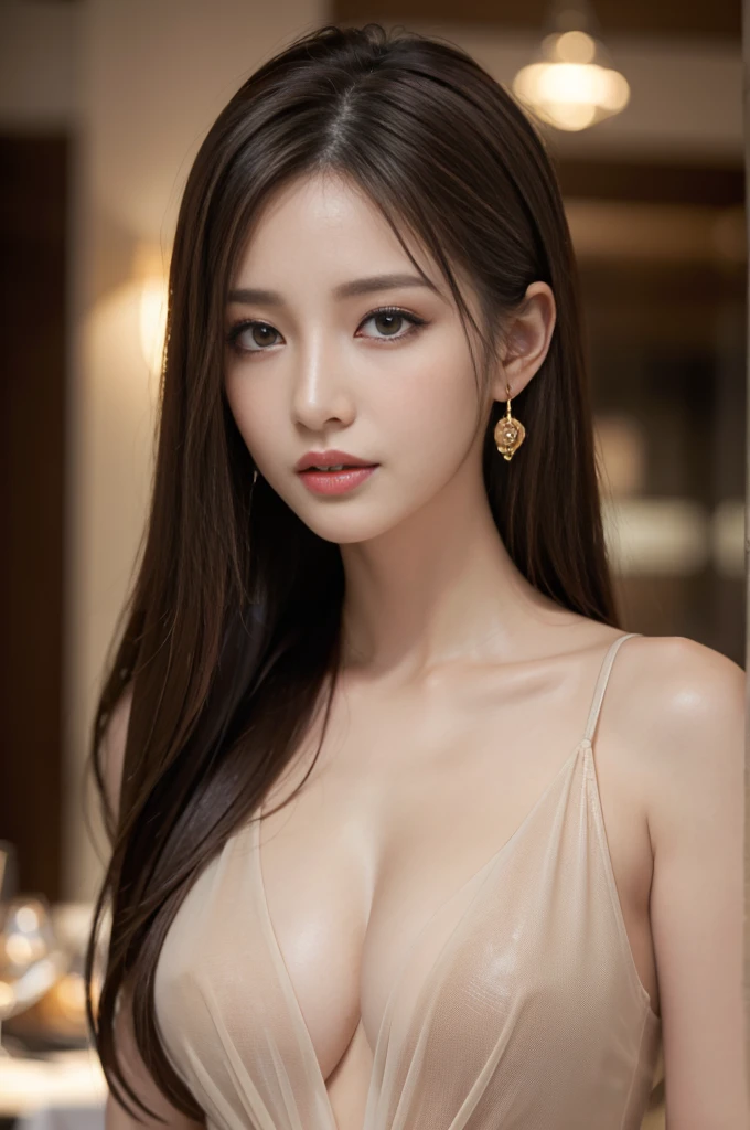 masterpiece, Highest quality, Realistic, Very detailed, Finer details, High resolution, 8k wallpaper, One beautiful woman, Wear an elegant black see-through shirt, In a great restaurant, At night, Light brown messy hair, Perfect dynamic composition, Beautiful and beautiful eyes、Big earrings、Sleeveless shirt、
