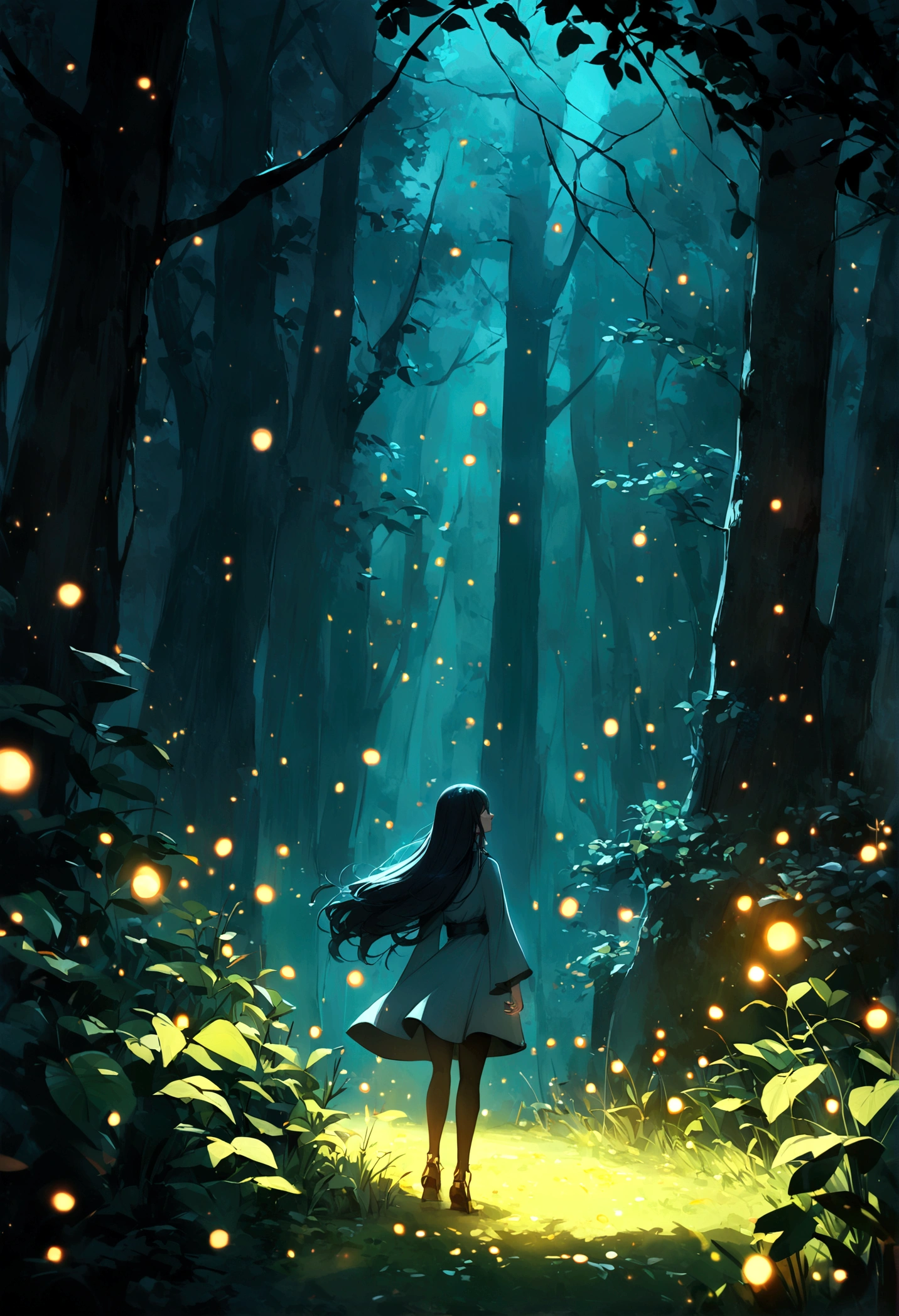 Wild paths with fireflies, azure moonlit nights, a quiet scene with no people, the best image quality.