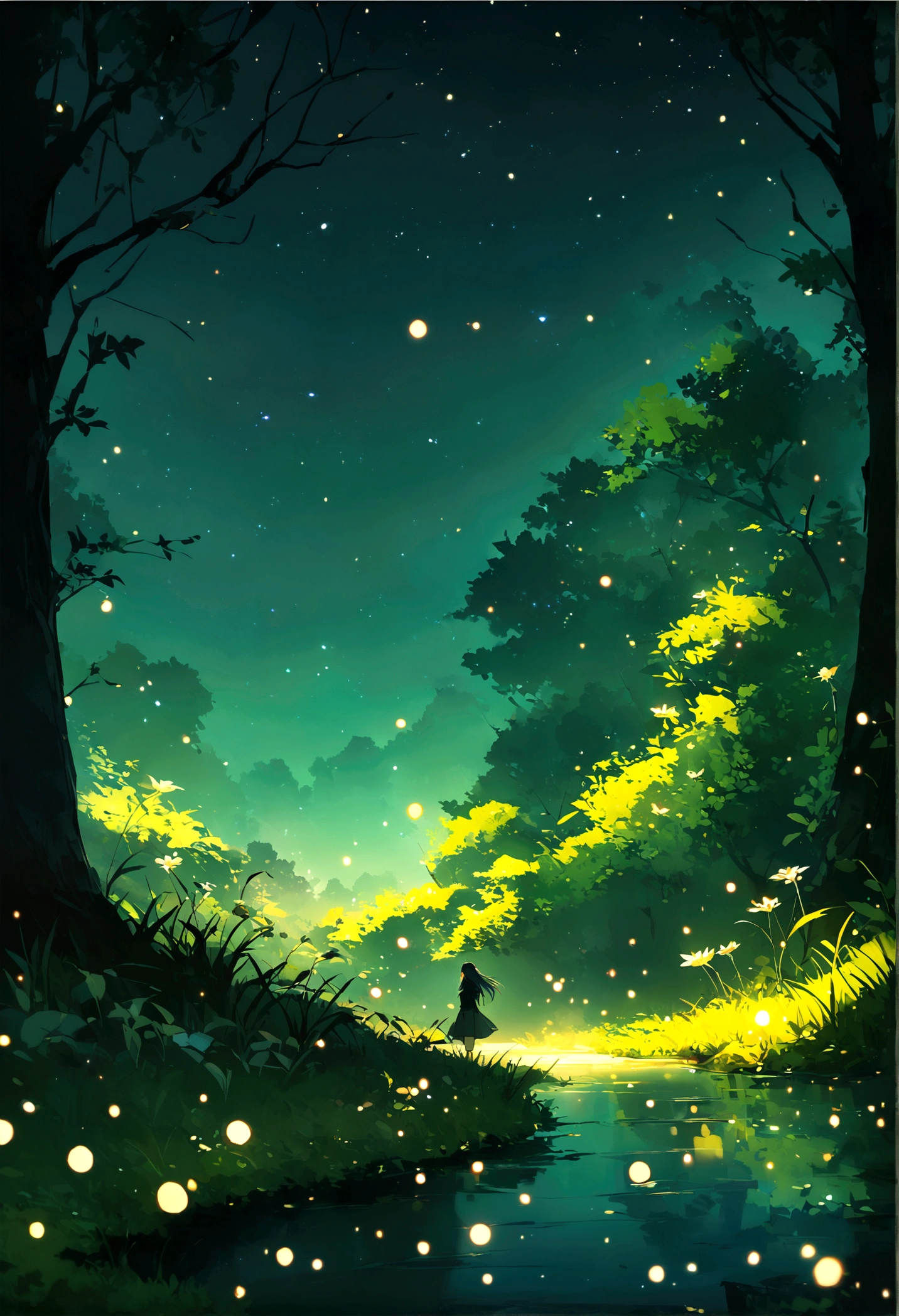 Wild paths with fireflies, azure moonlit nights, a quiet scene with no people, the best image quality.