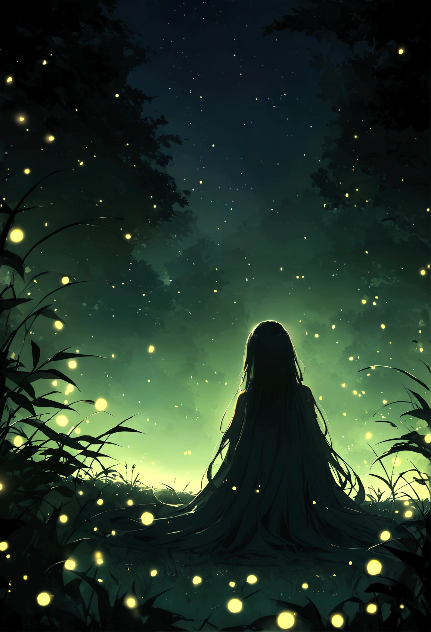 Wild paths with fireflies, azure moonlit nights, a quiet scene with no people, the best image quality.