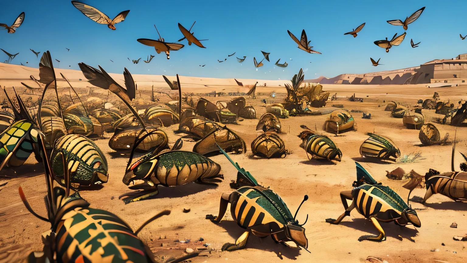 Hundreds of grasshoppers and locusts flying in ancient Israel from the 1st century BC